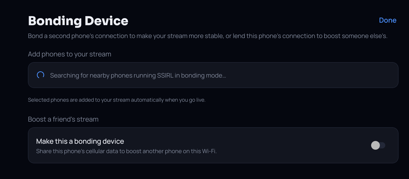 The Bonding Device screen: a section searching for nearby phones running SSIRL in bonding mode, and below it a switch to make this phone a bonding device