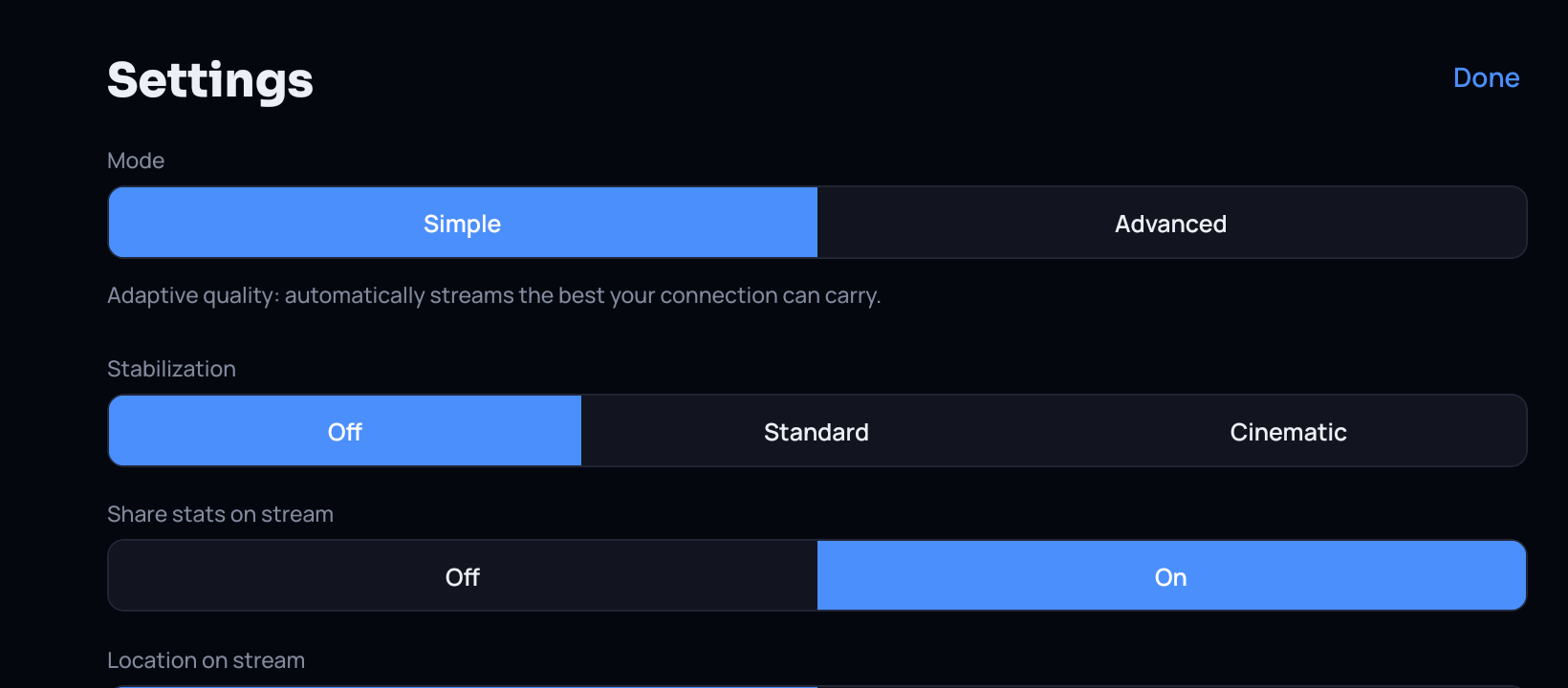 The Settings screen in Simple mode: a Simple and Advanced switch, a line about adaptive quality, a stabilization switch, and a share stats on stream switch