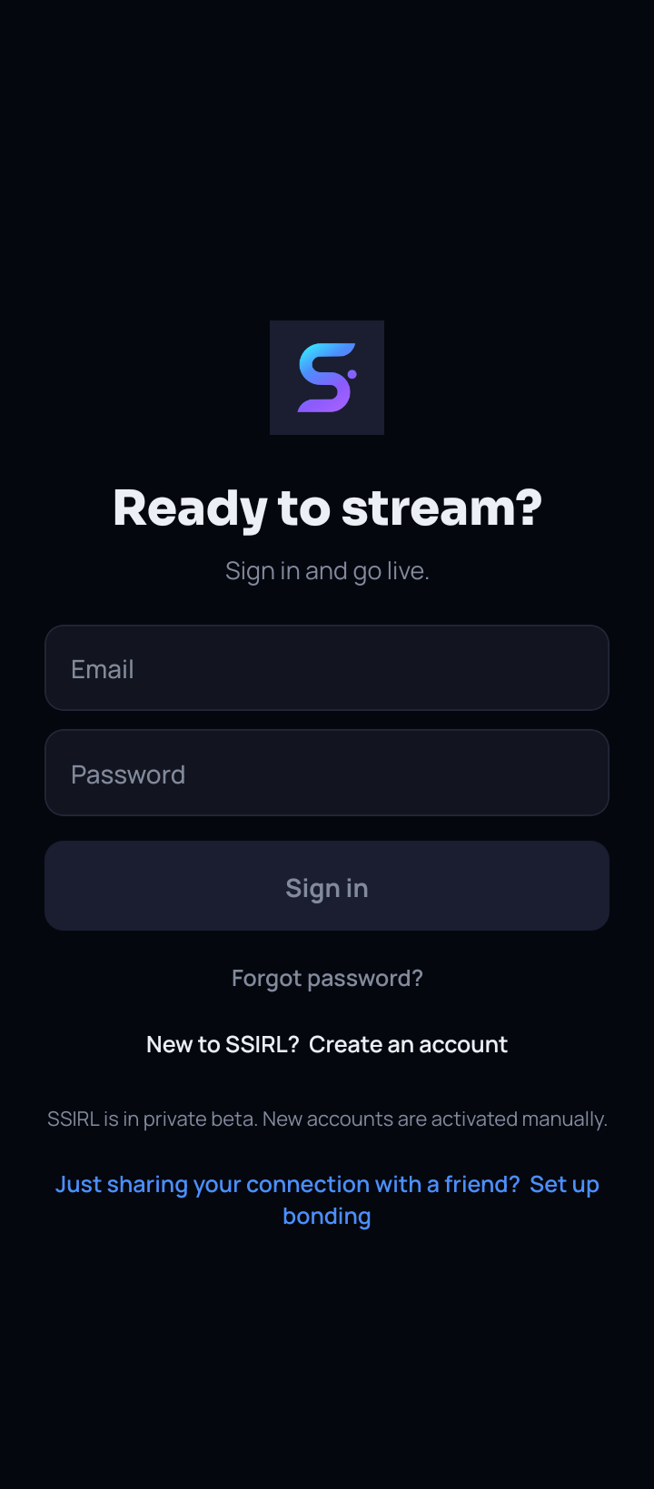 The Super Simple IRL sign-in screen: email and password boxes, a sign in button, a create an account link, and a blue link at the bottom about setting up bonding